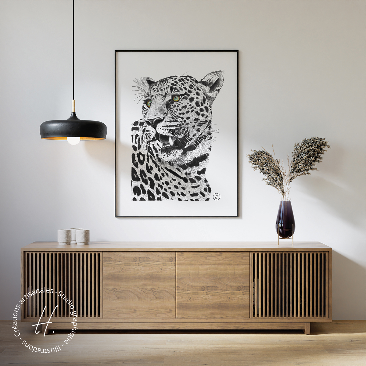 Le léopard (dessin fait main, technique crayon de bois)