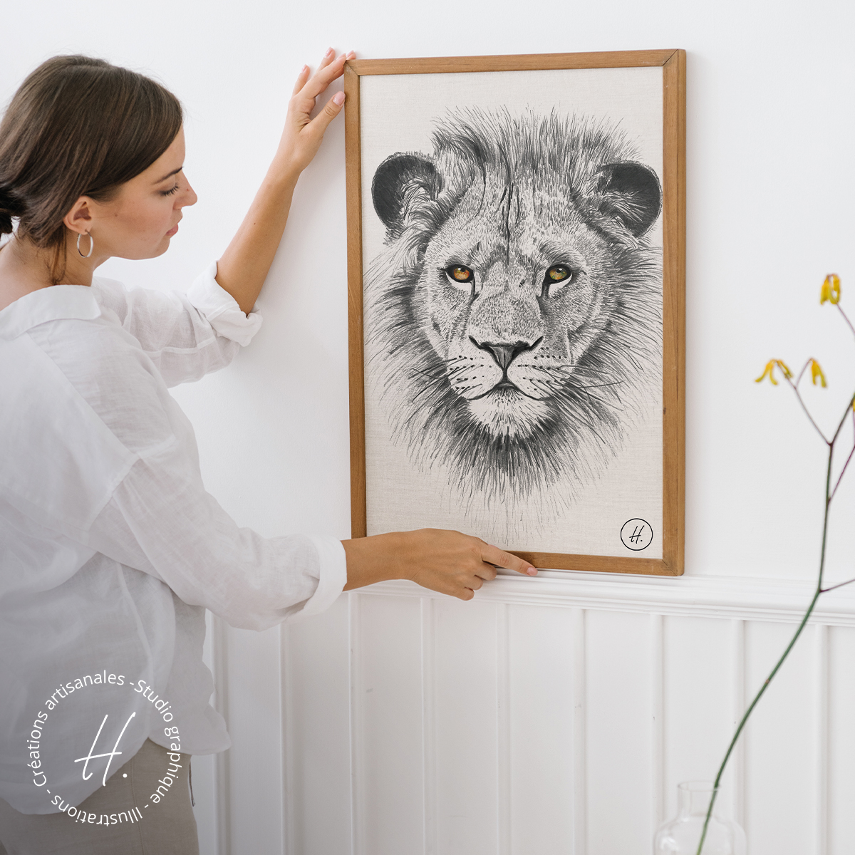 Le lion (dessin fait main, technique crayon de bois)